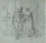 Angelika Kauffmann, Ariadne hands Theseus the saving ball of wool at the entrance to the labyrinth - study, c. 1798, black and white chalk, on blue-toned paper; unframed
