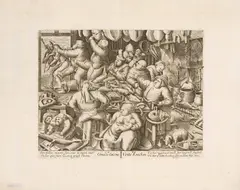 Pieter Brueghel the Elder, The fat kitchen, copper engraving; unframed; in passe-partout