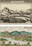 Giovanni Giacomo de Rossi, Views of Bratislava (2 pieces): "Presburg ouero Posonia" and "Pressburg, Posonium uel Pisonium ut Lazius Hungariae urbs, copper engravings, one coloured; in passe-partout; framed