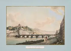 Andreas Nesselthaler, Salzburg. On the right bank of the Salza, c. 1800, outline etching; old colouring; framed