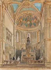 Rudolf von Alt, Bride and groom in the choir of the Breitenfeld parish church in Vienna, 1899, watercolour on paper; framed