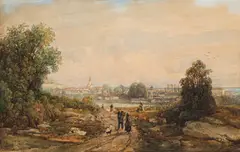 Thomas Ender, View of a city by the river, watercolour on paper; framed