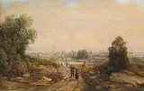 Thomas Ender, View of a city by the river, watercolour on paper; framed