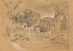 Joseph Selleny, Design for the painting "Verödeter Friedhof, c. 1847, pencil, hightened with white on brown paper; unframed