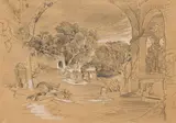 Joseph Selleny, Design for the painting "Verödeter Friedhof, c. 1847, pencil, hightened with white on brown paper; unframed