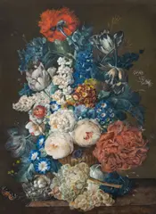 Leopold Zinnögger, Floral still life with bird's nest, gouache on paper; framed