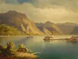 Karl Schweninger, Traunsee with Orth Castle, oil on panel; framed