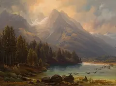 Anton Schiffer, Der Steinberg am Hintersee in der Ramsau bei Berchtesgaden, 1863, oil on cardboard; framed