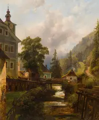 Anton Hansch, Landl nächst dem Gesäuse" (manor house Hackl), oil on paper on canvas; framed