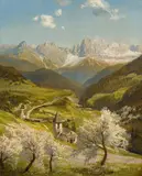 Konrad Petrides, View of St. Zyprian in Tiers with the rose garden in the background, oil on canvas; framed