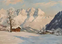 Erwin Kettemann, Wintermorgen bei Kitzbühel mit dem Wilden Kaiser im Hintergrund, oil on canvas; framed