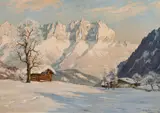 Erwin Kettemann, Wintermorgen bei Kitzbühel mit dem Wilden Kaiser im Hintergrund, oil on canvas; framed