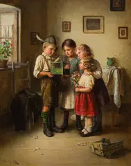 Four children with bird cage by Edmund Adler, oil on canvas; framed, sold Dec 2024