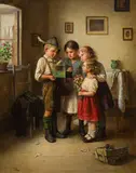 Edmund Adler, Four children with bird cage, oil on canvas; framed