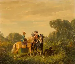 Alexander von Bensa, The falcon hunt, oil on cardboard; framed