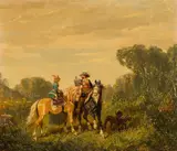 Alexander von Bensa, The falcon hunt, oil on cardboard; framed