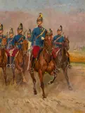 Alexander Pock, Dragoner Schwadron, 1950, oil on cardboard; framed