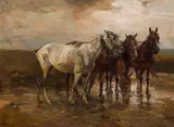 Four horses in a vast landscape by Alfred von Wierusz-Kowalski, oil on cardboard; framed, sold Dec 2024