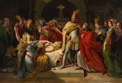 Carl Rahl, Kriemhild declares Hagen to be Siegfried's murderer by his corpse and vows revenge, oil on canvas; framed
