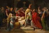 Carl Rahl, Kriemhild declares Hagen to be Siegfried's murderer by his corpse and vows revenge, oil on canvas; framed