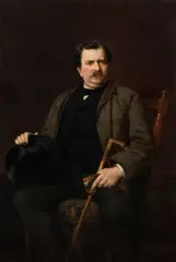 Paul Joanovits, Portrait of a seated gentleman with walking stick and top hat, oil on canvas; framed