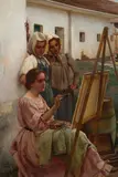 Carl Zewy, Young artist at work, oil on panel; framed