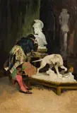 The art connoisseur in the sculptor's studio by Gonzalo Álvarez y Espino, oil on panel; framed, offered Dec 2024