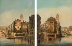Venice, Grand Canal with Rialto Bridge; view of the canal (counterparts) by August von Siegen, oil on panel; unframed, sold Dec 2024