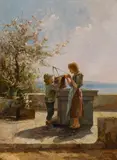 Lea von Littrow, Two children by the well, oil on panel; framed