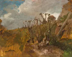 Thistles in late autumn (foreground study) by Emil Jakob Schindler, oil on cardboard; framed, sold Dec 2024
