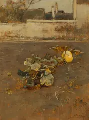 Rudolf Ribarz, Pumpkin patch in France, oil on panel; framed