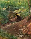 Josef Ullmann, Forest landscape with bridge, oil on cardboard on canvas; framed