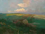 Josef Ullmann, Wide landscape with farm, oil on canvas; framed