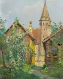 Elise Kinzel, View of Schwallenbach in the Wachau, oil on cardboard; framed