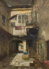 Paul Unbereit, Romantic courtyard, oil on cardboard; framed