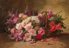 Camilla Göbl, Still life with peonies and lilacs, oil on canvas; framed