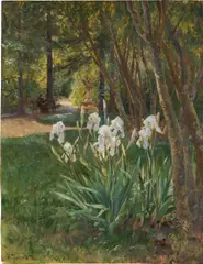 Hugo Darnaut, Irises in the park, 1897, oil on paper; framed
