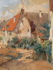 Eduard Zetsche, Village view (probably Wachau), 1913, watercolour on paper; framed