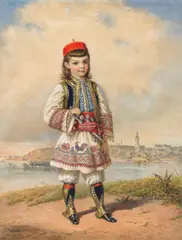 Carl Goebel, Alexander I Obrenović (1876-1903), King of Serbia, as a child in Serbian national costume, 1881, watercolour on paper; original standing frame with the coat of arms of the Serbian principality