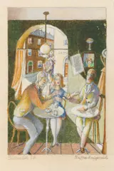 Albert Paris Gütersloh, Kaffeehausgespräch, 1967, gouache on paper; framed