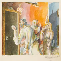 Albert Paris Gütersloh, Drei Apostel wollen in Ephesus die Gottesmutter besuchen, 1966, gouache on paper; framed