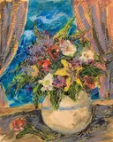 Franz von Zülow, Flowerpot in front of window, mixed media on cardboard; framed