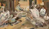 Carl Fahringer, Pelicans, oil on canvas; framed