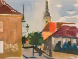 Josef Dobrowsky, Village view with steeple, 1936, watercolour, chalk on paper; framed