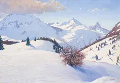 Max von Esterle, Bei St. Christoph am Arlberg, gegen Kuchenspitze and Patteriol, tempera on paper on cardboard; framed