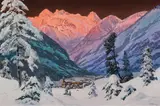 Alois Arnegger, Alpenglow over Neustift in the Stubai Valley, oil on canvas; framed