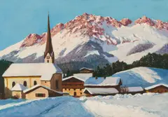 Scheffau am Wilden Kaiser by Karl Pancheri, c. 1935, oil on hardboard; framed, offered Dec 2024