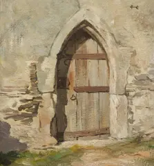 Leopold Hauer, Old gate, oil on fibreboard; framed