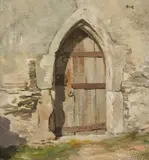 Leopold Hauer, Old gate, oil on fibreboard; framed