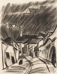 Village street by Rudolf Wacker, 1924, charcoal on paper; framed, sold Dec 2024